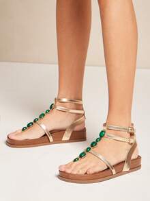 SHUZIA #BohoGlam 女士木纹印花软底宝石装饰踝带人字拖PU金色凉鞋——充满活力、艺术气息浓厚，是夏季吸睛之选 - 金色 - 查看 2