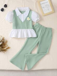 女童休闲套装：二合一短袖花瓣袖衬衫和喇叭裤 - 綠色 - 查看 7