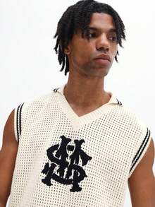 SUMWON Áo vest len không tay dáng rộng màu kem dành cho nam, cổ chữ V, phối viền đen tương phản. - Đen và trắng - Xem 5