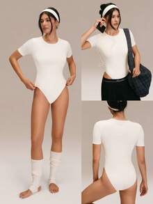 GLOWMODE Ribbed Pima Cotton Ready To Flow Ultra-Soft Breathable Lightweight Stretchy Snap Closure Non-Padded Short-Sleeve Crewneck Thong Bodysuit Yoga Pilates Studio Daily Casual Wear - White - View 7