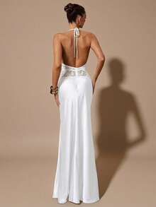 SHEIN BAE 秋冬季纯黑色性感深V领露背蕾丝镂空拼接鱼尾缎面长裙，适合鸡尾酒会、浪漫约会、派对、正式聚会、伴娘礼服、晚礼服、圣诞节、新年、情人节、下午茶会、小黑裙等场合。 - 白色 - 查看 2