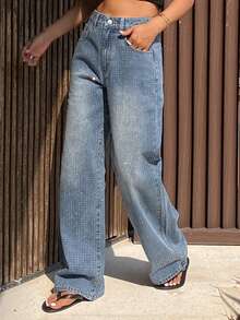 DAZY Jeans rectos de mujer con lavado y aplicaciones de rhinestones - Azul - Ver 6