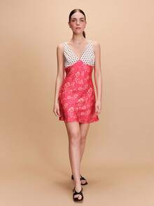 lacRébo 波点胸前印花裙摆迷你连衣裙，春夏法式巴黎风波点连衣裙，缎面连衣裙，度假连衣裙，碎花连衣裙，外出连衣裙 - 彩色 - 查看 5