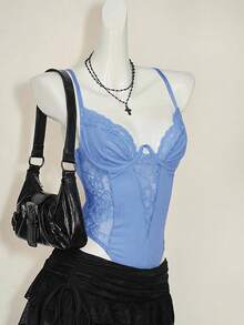 SHEIN ICON Y2K 春季嘉年华蕾丝拼接紧身吊带露脐上衣高腰露背连体衣女款 - 藍色 - 查看 7