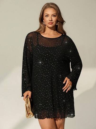 Auralis Plus Size Women's Summer See-Through Smock, Smock Dress, Summer Clothing, Black Smock, Summer Women's See-Through Clothing,Concert Outfits For Women Parkly Dress Rave Outfits Festival Concert Outfit Women/Chic, Modern, And Elegant Y2K Style: Bar/KTV Outfit/Music Festival/Concert Look - Sheer Round Neck Long-Sleeved Bell Sleeve Black Sequined Top/Dress
