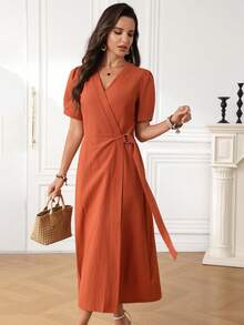 Miaspire 女士纯色重叠V领短花瓣袖休闲通勤中长连衣裙 - 橘色 - 查看 3