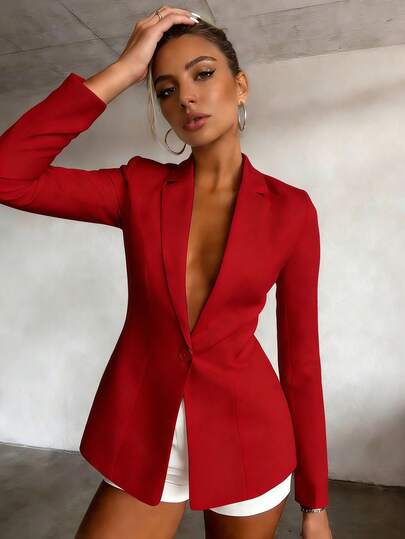 Chiquease Chaqueta de mujer de solapa entallada, de hombros caídos, de manga larga, de cintura alta, de unicolor, chaqueta roja de otoño para mujer