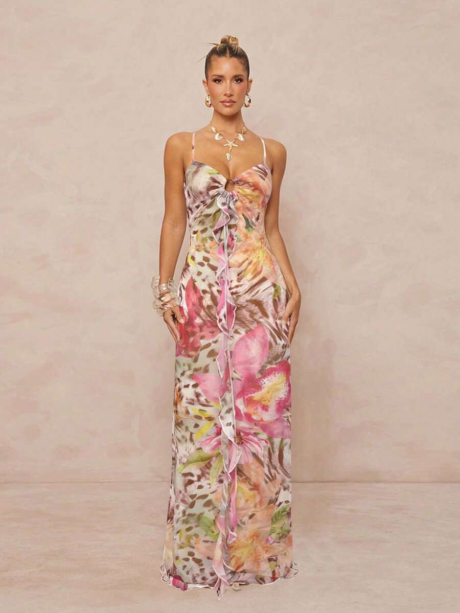 Lumalex Đầm maxi không tay, xếp ly eo, họa tiết da báo và hoa, chất liệu lưới mềm mại dành cho nữ.