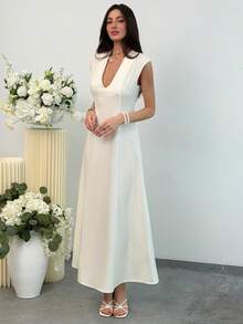 Aloruh 女士夏季纯白色混纺休闲连衣裙，米色，优雅迷人，性感深V腰身A字设计，适合正式派对、婚礼、生日等场合，也可作为教师服装穿着。 - 米色 - 查看 4