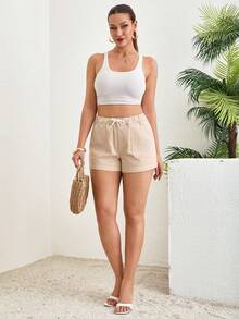 SHEIN Einfarbige, elastische Taille mit Kordelzug, Denim-Shorts - Braun - Übersicht 5