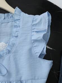 GlowEve Casual Cute Lace Patchwork Hem & Flutter Sleeve Solid Color Blouse For Women, Blue - Baby Blue - View 5