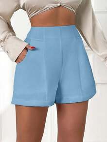 EURMUSE 女款白色高腰口袋短裤 136 - 淺藍色 - 查看 1