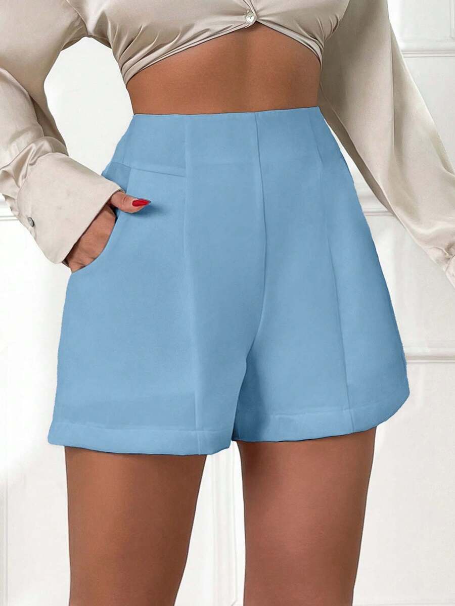 EURMUSE 女款白色高腰口袋短裤 136 - 淺藍色 - 查看 1
