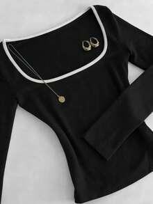 Glimmora 极简时尚藏青色黑色方领修身长袖T恤，适合春、夏、秋、冬四季穿着，时尚百搭，是送给兄弟姐妹、姐妹、妈妈或母亲节的理想礼物。休闲简约时尚上衣 - 彩色 - 查看 3