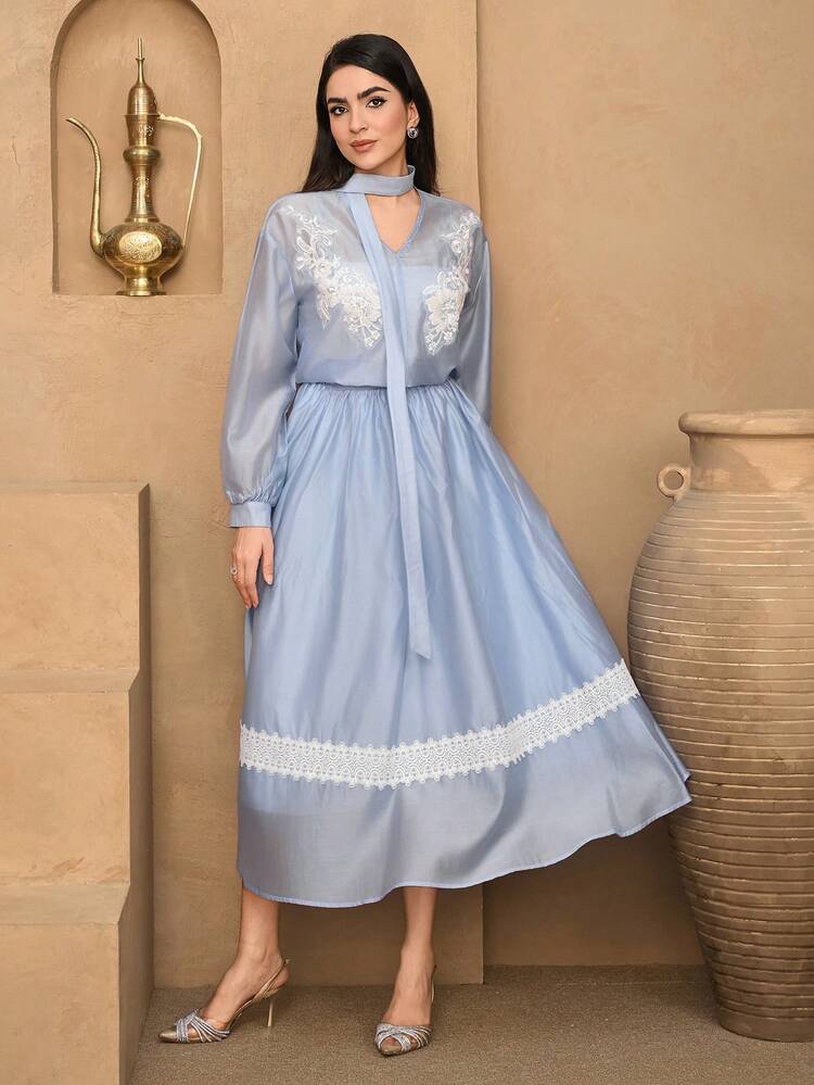 Women's Vacation Style Floral Embroidery Tie-Neck Top And Skirt Set, Elegant