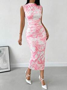 Firerie 女士水彩印花修身针织褶裥中长夏季连衣裙，侧开衩设计，优雅百搭，适合度假和日常穿着 - 淺粉色 - 查看 4