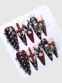 Set Manikur Rivet Gaya Punk 10 Bagian + 3 Bagian Pita Perekat Dua Sisi, Manikur Buatan Tangan Berkualitas Tinggi Gaya Y2K dengan Kontras Hitam dan Merah, Kuku Panjang Berbentuk Almond dengan Elemen Bintang Tengkorak Logam Retro, Cocok untuk Semua Musim, Cocok untuk Sehari-hari, Pesta, dan Acara Dansa. - Hitam dan Merah 2 - View 2