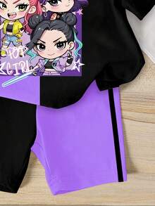 两件套少女休闲时尚韩流卡通图案紫色和黑色撞色短袖圆领T恤和配套短裤套装，舒适的T恤套装，适合少女日常和假日穿着。 - 彩色 - 查看 4