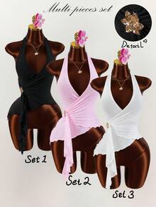 Amplova Top à col ras-du-cou minimaliste de couleur unie avec volants, pour un port quotidien. Printemps, Saint-Valentin pour femmes, Y2K, 3 pièces, printemps, vacances, décontracté - Multicolore - Voir 1