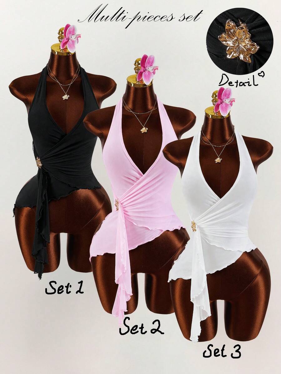 Amplova Top à col ras-du-cou minimaliste de couleur unie avec volants, pour un port quotidien. Printemps, Saint-Valentin pour femmes, Y2K, 3 pièces, printemps, vacances, décontracté - Multicolore - Voir 1