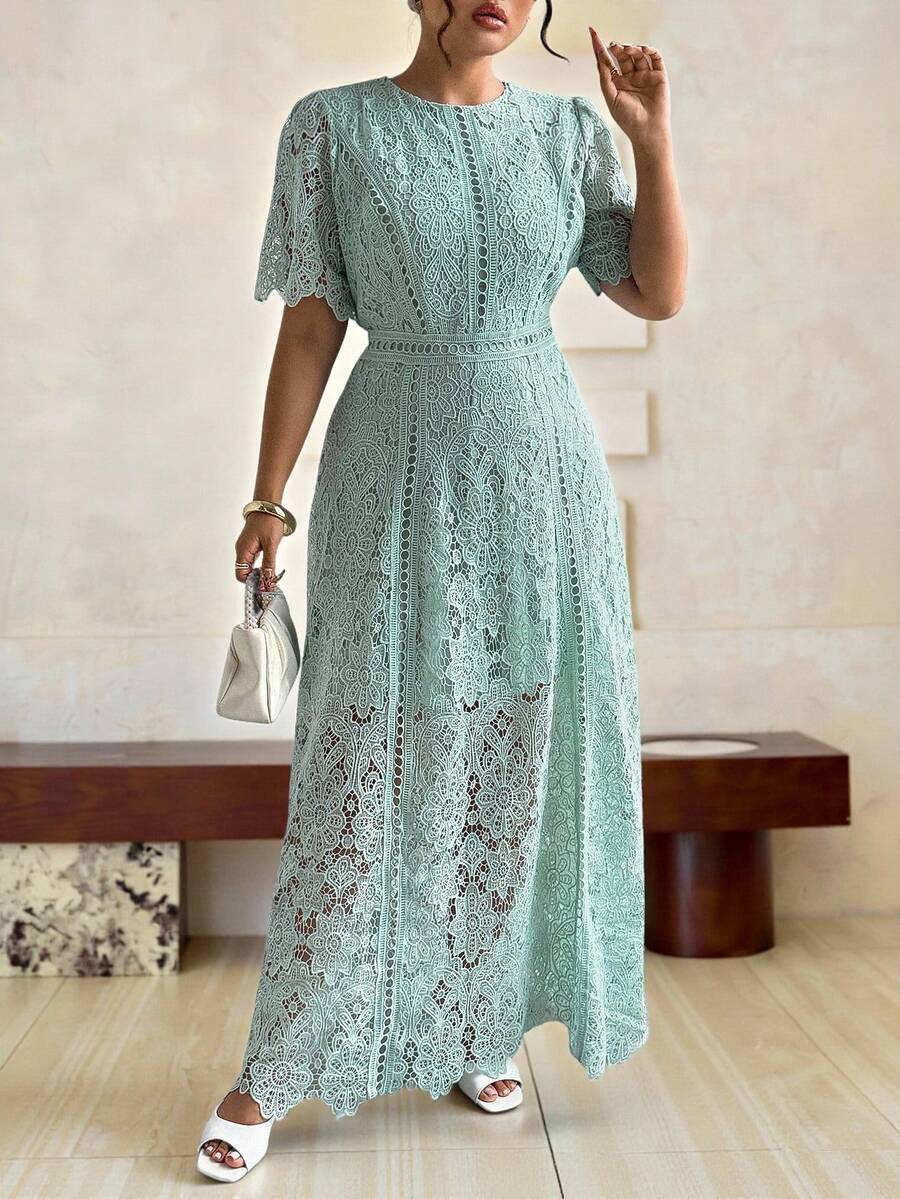 Roveilla 法式优雅蕾丝连衣裙，奢华镂空刺绣修身A字长裙 - 綠色 - 查看 1