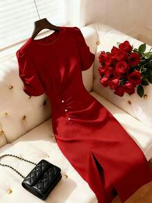 SHEIN Franclia 女士纯色简约日常圆领短袖连衣裙 - 紅色 - 查看 1