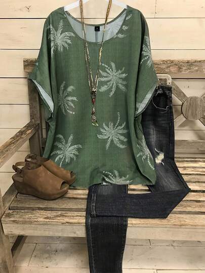 Linhara Plus Size Women Loose Fit Round Neck Short Sleeve Tropical Floral Vacation Top