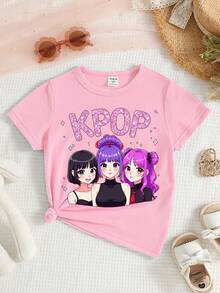 少女春夏休闲时尚创意个性清新可爱简约酷炫虚拟女团人物星星图案字母标语印花休闲基础款短款T恤，舒适日常穿着，温暖的夏秋风格，适合春、夏、秋季穿着，上衣 - 粉色 - 查看 4