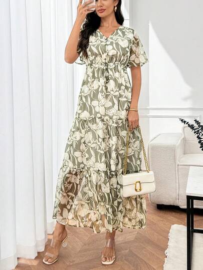 Miaspire 女士V领印花扭结休闲长连衣裙，夏季