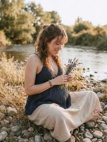 Boho Mama Maternity Summer Navy Blue Embroidered Patchwork Vacation Top, Bohemian Style Summer Babydoll Top - Navy Blue - View 2