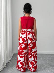 Elenzga 大码女士优雅休闲度假简约V领无袖收腰显瘦长款印花休闲红色连体裤 - 紅色 - 查看 2