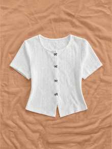 Soleia Women's New Metallic Bow Decor Short Sleeve Top,Summer Top - White - View 3