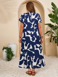 EMERY ROSE Robe maxi décontractée/de vacances à col rond et manches courtes imprimée bleue pour femmes, robes décontractées pour femmes, tenues de vacances pour femmes, robe maxi fleurie bleue et blanche, robe maxi bleue marine, robe maxi à manches courtes, robe maxi longue d'été pour femmes, robe maxi d'été, tenue de printemps, tenue de vacances pour femmes, robe maxi découpée bleue et blanche pour femmes, robes de printemps, robe fleurie pour femmes, robe maxi décontractée, robe maxi de vacances, vêtements de vacances pour femmes, robe de vacances, robe maxi courbe, robe maxi décontractée, robes d'été pour femmes, vêtements pour femmes décontractés - Multicolore - View 3