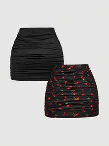 SHEIN MOD 2件套 女士樱桃印花+黑色百褶修身裙 - 黑色 - 查看 2