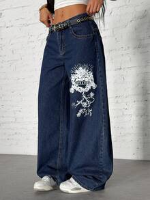 StreetHx 女士口袋纽扣字母图案休闲百搭日常穿着阔腿牛仔裤 - 深色水洗藍 - 查看 5