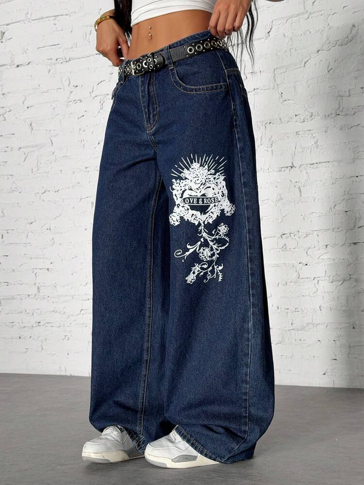 StreetHx Quần jeans ống rộng nữ có túi, cúc cài, in chữ, kiểu dáng thường ngày, đa năng. - Rửa tối - Xem 5