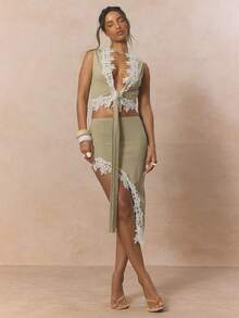 MUSERA Deep V Lace Trim Tie Up Top With High Waist Asymmetric Lace Trim Midi Skirt Coord Sold As Set Cute Spring Holiday Girly Sugar Salt - Army Green - View 5