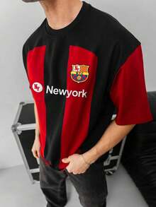 Aesthetic Post Retro Streetwear, Barcelona Spotify Logo & Badge Embroidery, Men's Red & Blue Striped Short Sleeve Soccer Jersey T-Shirt - Multicolor - View 3