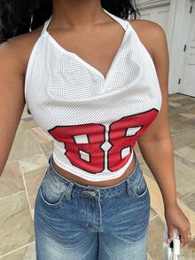 Alexandranx 女式夏季音乐会 Y2K 街头运动休闲透气网眼图案数字白色修身露背短款上衣 - 白色 - 查看 3