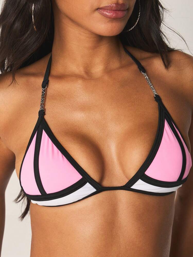 Missguided x Playboy Set bikini triangolare con logo a coniglio, costume da bagno a due pezzi con blocchi di colore, schiena annodata, adatto per l'estate, la spiaggia e le feste in piscina per le donne