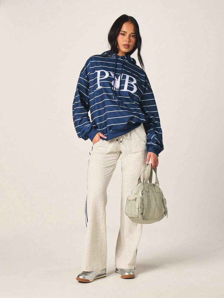 Missguided x Playboy Women's Oversized Navy Blue Striped Hoodie With Graphic Print Long Sleeve Pullover Sweatshirt For Casual Streetwear Fall Winter