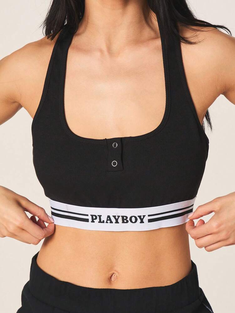 Missguided x Playboy Black Ribbed Scoop Neck Crop Top With Contrast Logo Band Detail And Button Front Closure