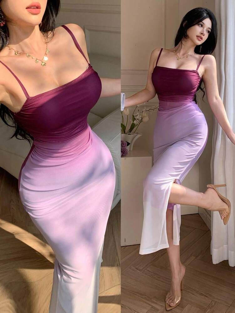 Women's Elegant Ombre Pleated Camisole Midi Dress, Summer Wedding Guest Dress Sundress