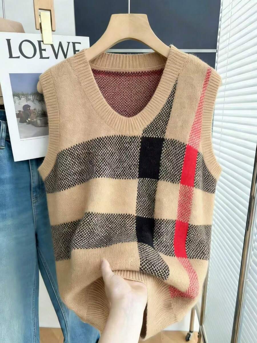 Resyla 女士格子宽松休闲百搭针织背心，秋冬款 - 棕色 - 查看 1
