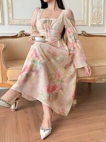 DAZY 女士优雅花卉蕾丝拼接系带喇叭袖中长连衣裙，春夏婚礼宾客礼服/吊带裙 - 粉色 - 查看 5