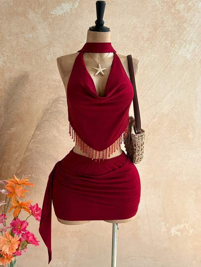 Soleia ملابس نسائية جديدة للربيع والصيف، ملابس عادية للعطلات والشاطئ وحفلات الزفاف والتخرج والحفلات الربيعية، بتصميم أنيق وبوهيمي استوائي مع ربطة فراشة وشرائط وخرز وشراريب لموسم عيد الحب والأعياد الربيعية، بقصة مفتوحة في الرقبة وقماش محبك باللون البرغندي