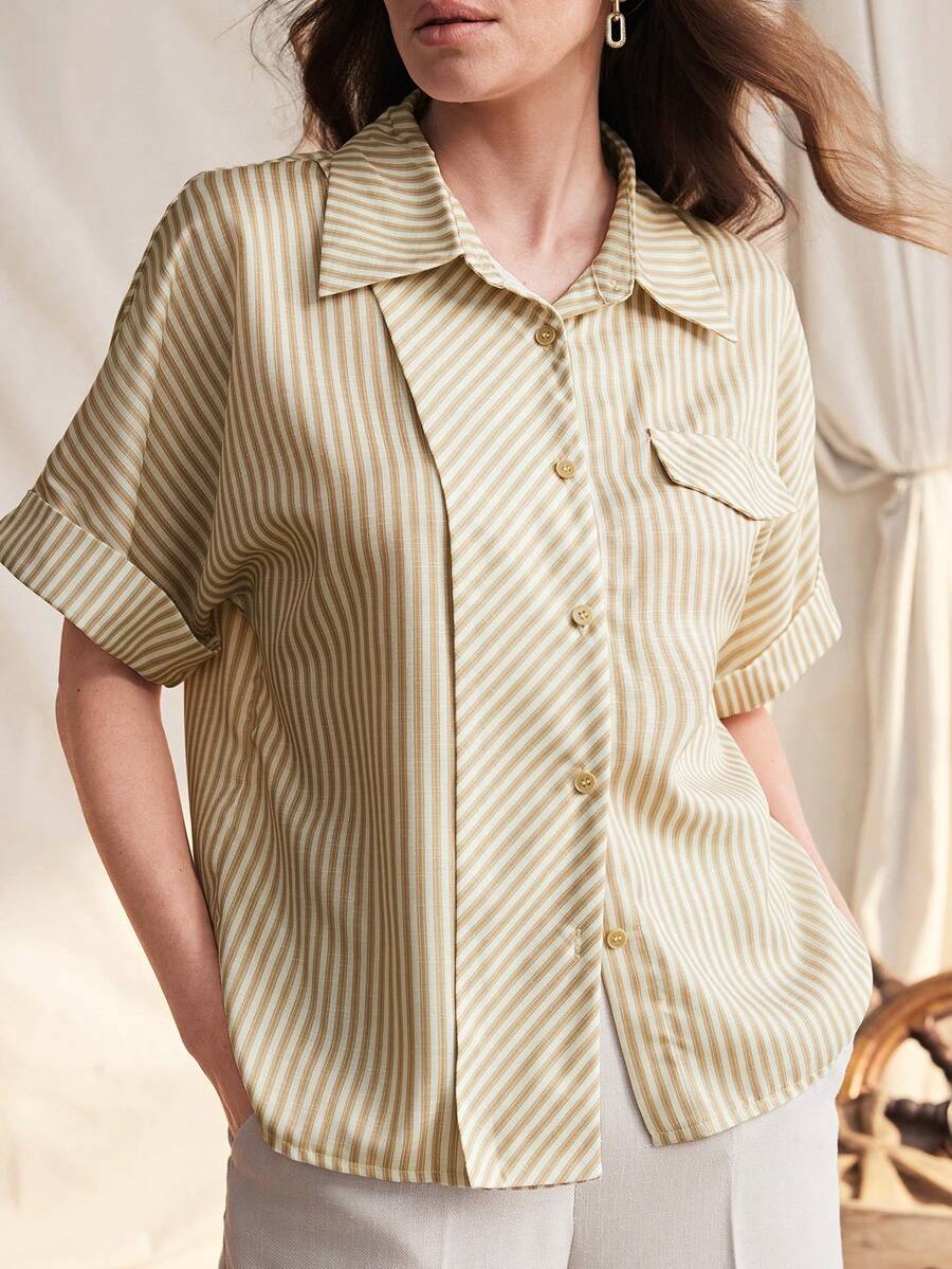 Zovinel Women's Blue And White Striped Short Sleeve Shirt Blouse,Summer Elegant Retro Design Sense Professional Work Top For Office,Brunch,Vacation,Fashion - Multicolor - View 1