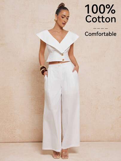 Lumalex Bộ 2 món gồm áo cổ chữ V và quần ống rộng 100% cotton, thích hợp cho mùa xuân/hè.