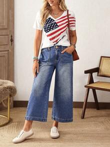 EMERY ROSE Quần jean ống rộng dáng rộng, thiết kế túi, dài 7/8, dáng thường ngày, size lớn dành cho nữ - Màu xanh lam - Xem 6
