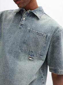 SUMWON Bộ đồ hai mảnh gồm áo polo và quần short denim, màu xanh nhạt, mài đá, phong cách vintage, thích hợp cho nam giới mùa hè. - Màu xanh lam - Xem 5